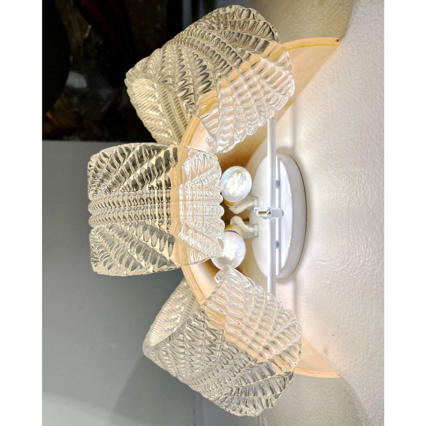 Italian Vintage Pair of Sconces in Amber Gold Glass with Hanging Crystal Leaves