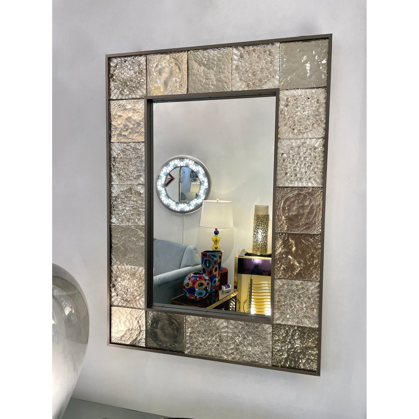Customizable Italian Smoked Silver Murano Glass Geometric Gun Metal Tile Mirror