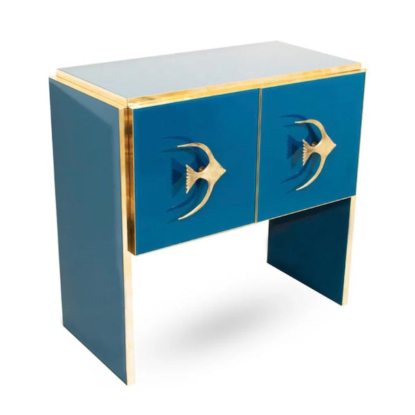 Bespoke Italian Abstract Branch Design 2-Door Turquoise Blue Glass Cabinet