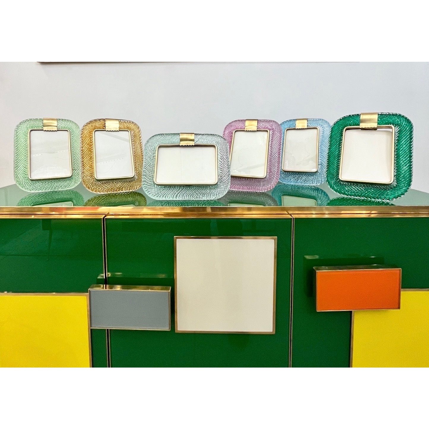 2000s Italian Vintage Aquamarine Blue Twisted Murano Glass & Brass Picture Frame