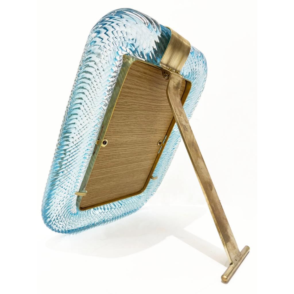 2000s Barovier Toso Italian Aquamarine Blue Murano Glass Brass Picture Frame