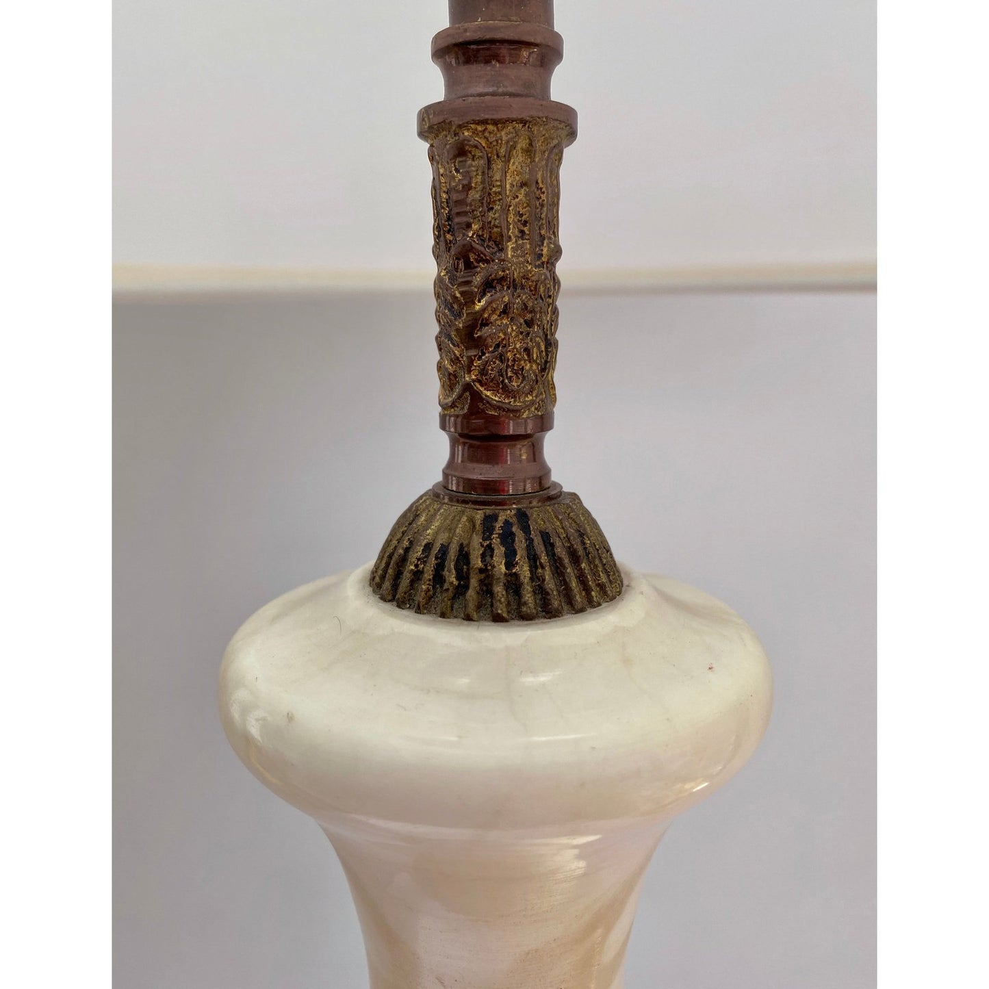 French Antique Art Deco Urn-Shape Chased Bronze White Marble Lamp & Linen Shade