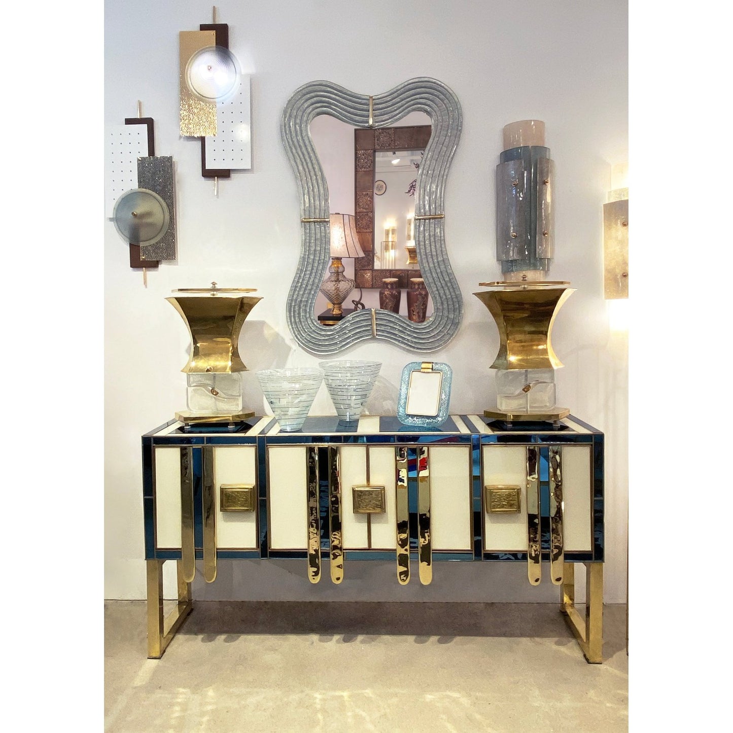 Contemporary Italian Pearl Gray Blue Murano Glass Curved Mirror & Brass Accents