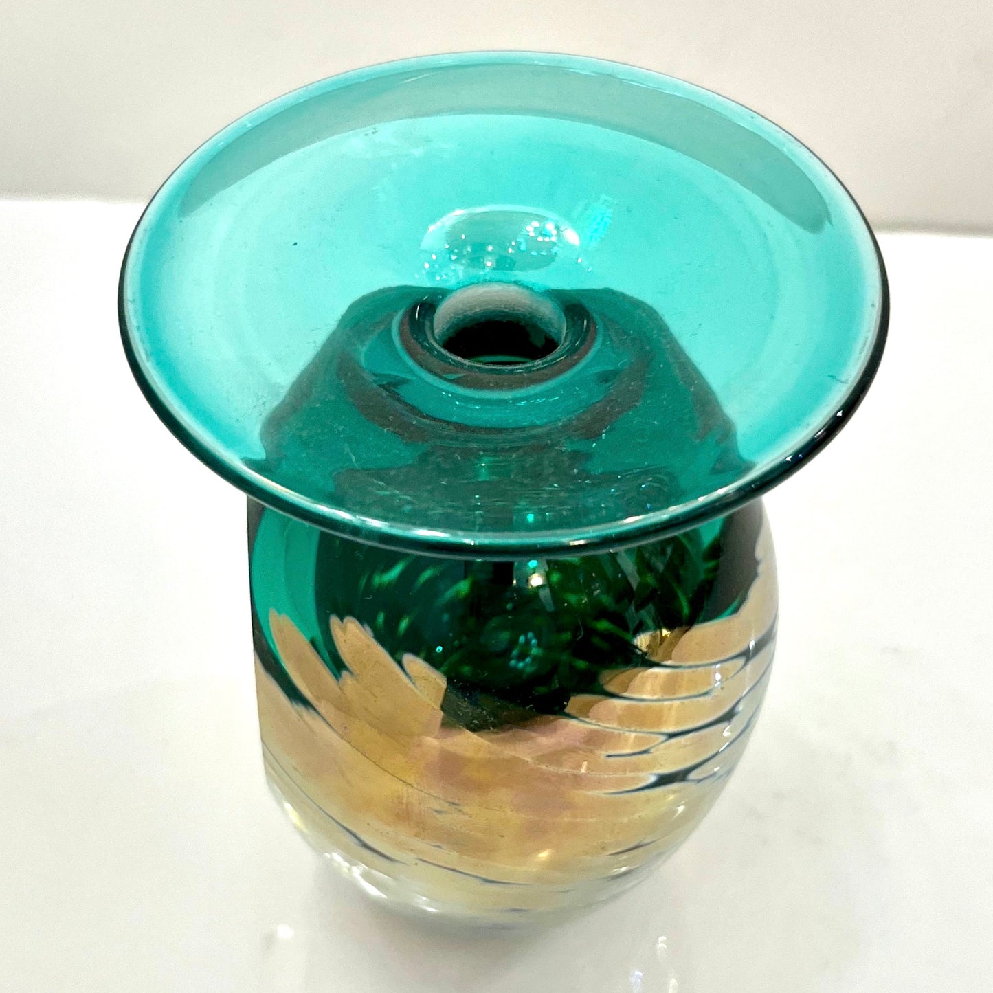 1991 Italian Murano Art Glass Green Gold Sommerso Single Flower Oval Vase