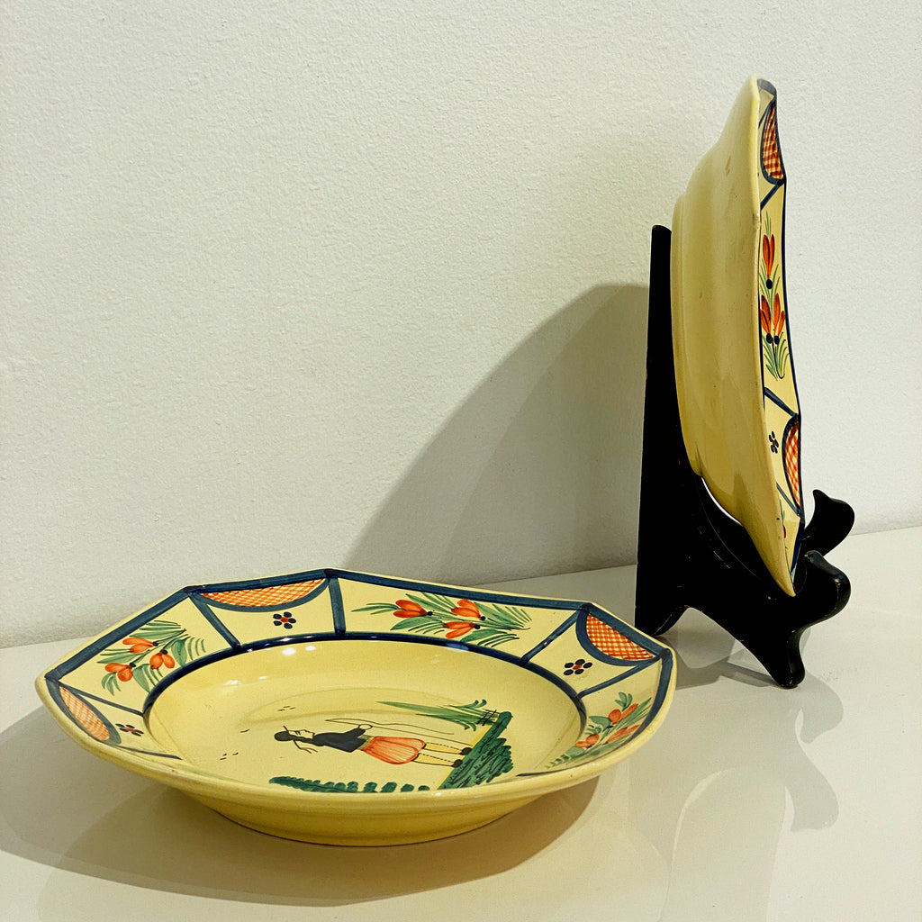 1930s French Henriot Quimper Faience Pair of Man Woman Octagonal Yellow Plates