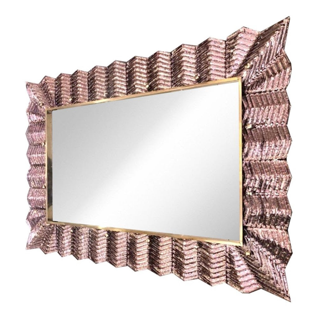 Bespoke Italian Art Deco Design Ruffled Gold Murano Glass Brass Mirror