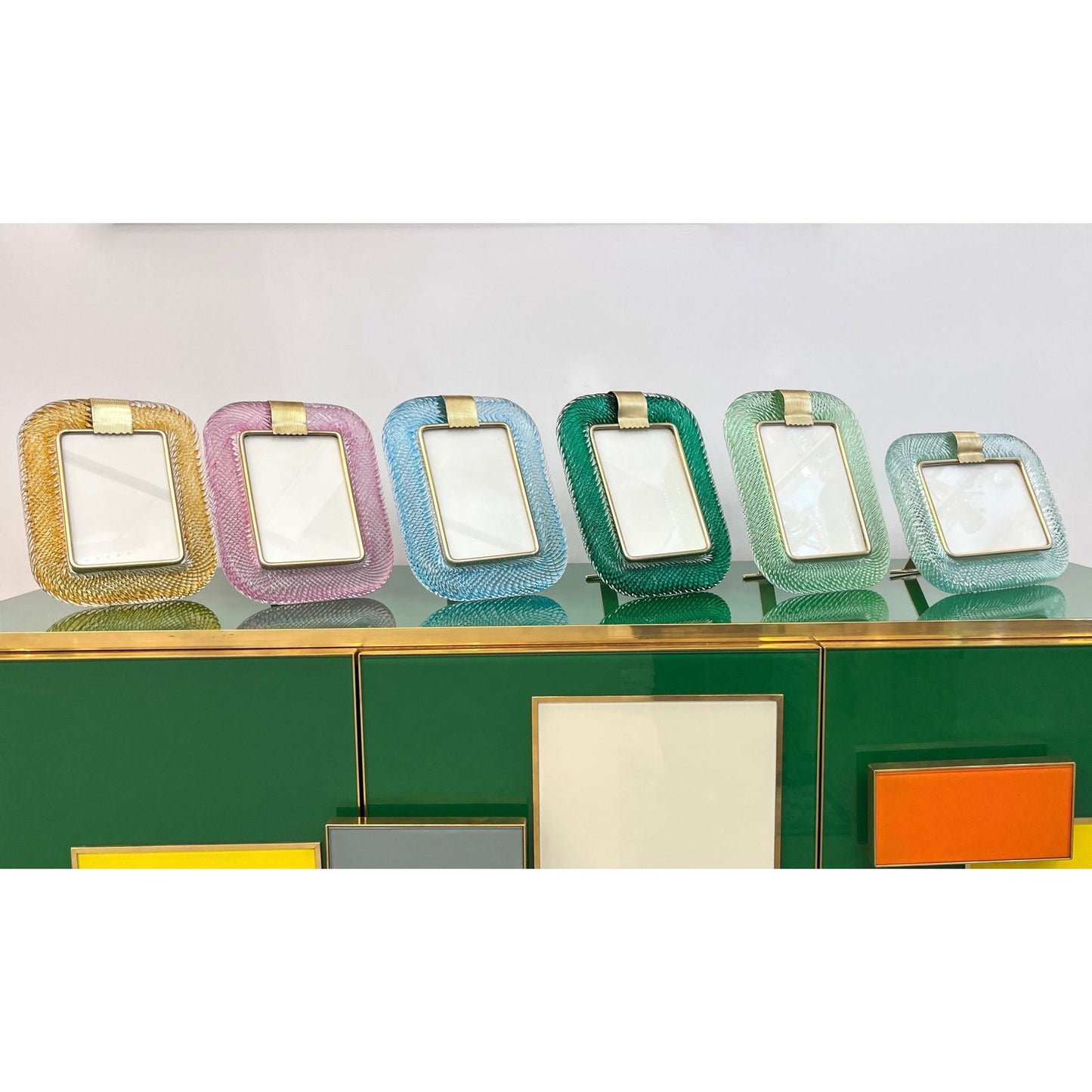 2000s Italian Vintage Aquamarine Blue Twisted Murano Glass & Brass Picture Frame