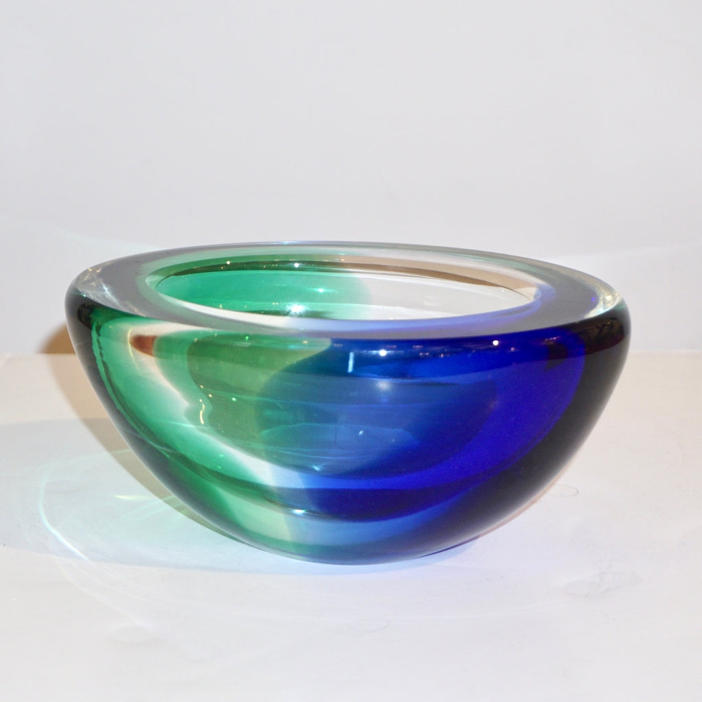 Venini 1970s Italian Murano Glass Geometric Oval Blue Green Murano Glass Bowl