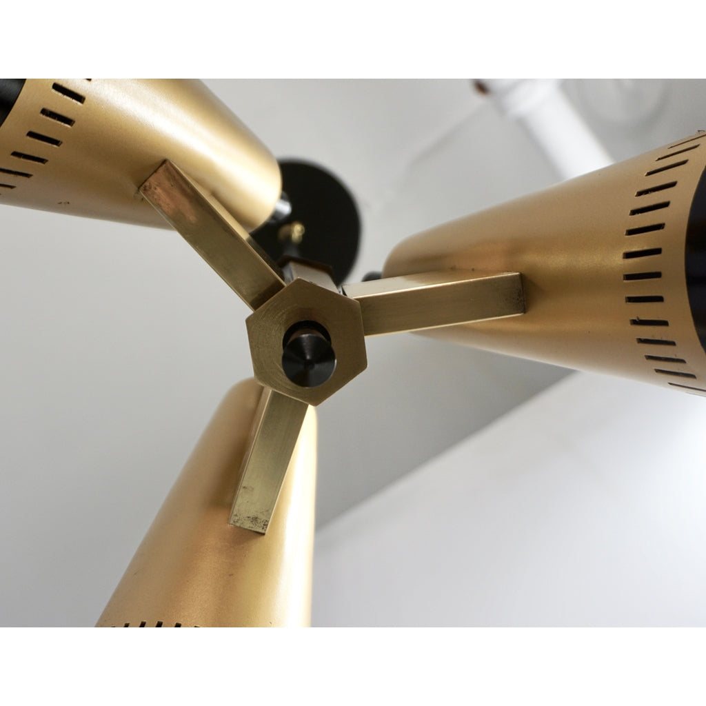 Torlasco 1950s Italian Vintage Brass Black White Three-Light Cone Chandelier