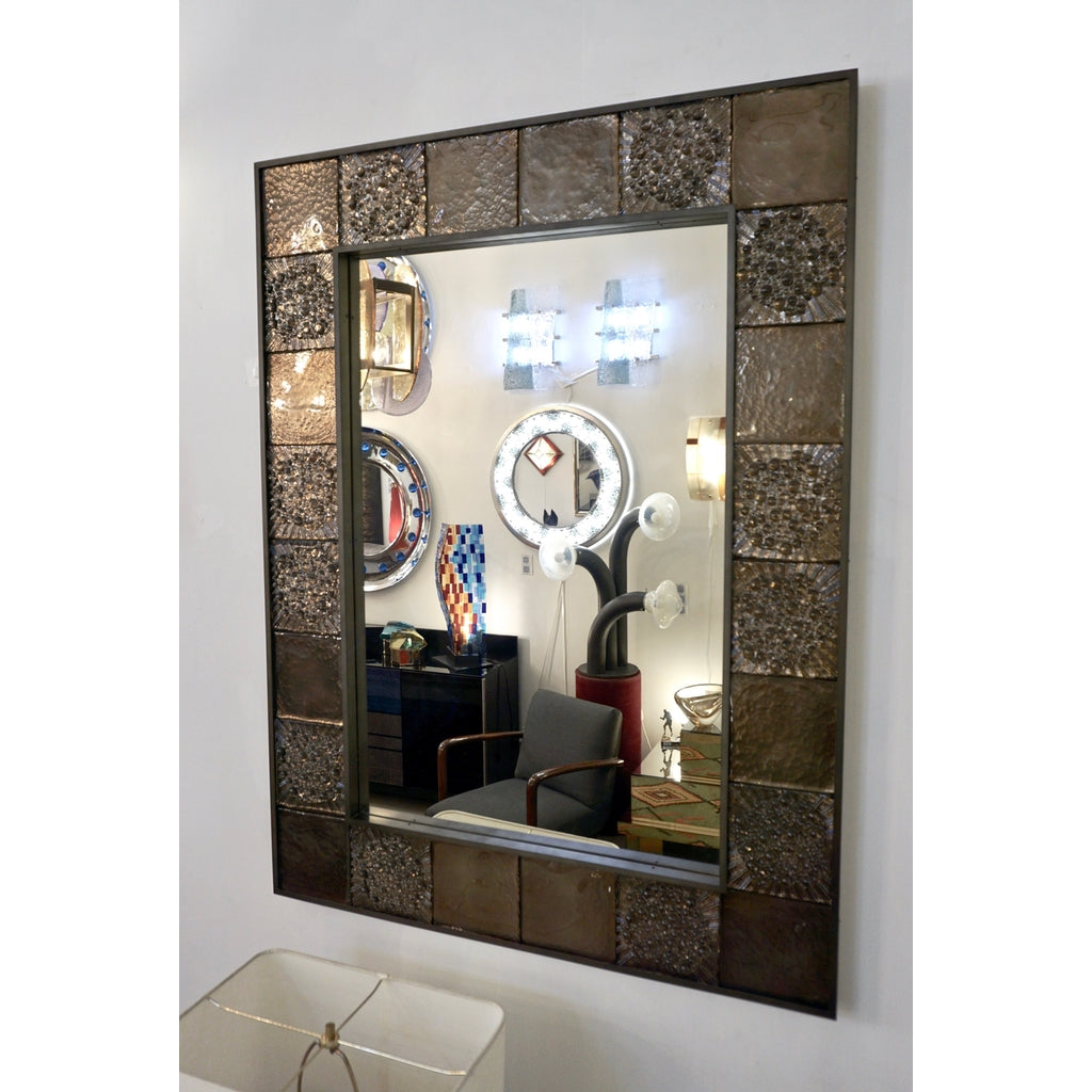 Bespoke Italian Smoked Amber Mirrored Murano Glass Geometric Bronze Tile Mirror