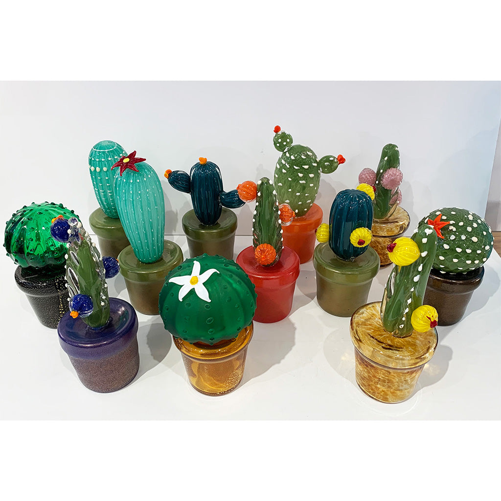 2000s Italian Green Murano Art Glass Cactus Plant with Pink Flowers in Amber Pot