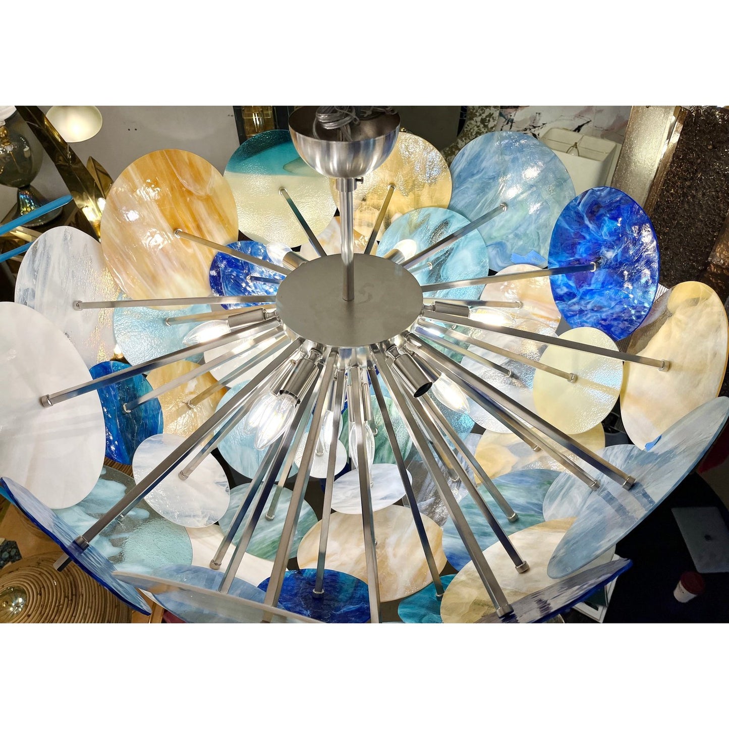 Contemporary Italian Yellow White Blue Green Murano Glass Sputnik Flush mount