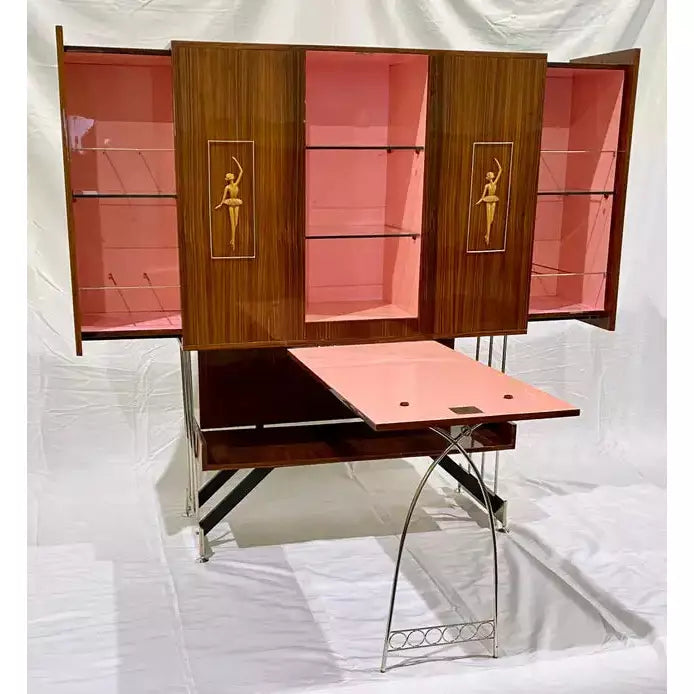 1960s Vittorio Dassi Italian Bar Cabinet with Drop Down Table and Pink Interior