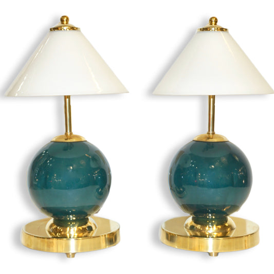 1980s Italian Vintage White & Jade Green Murano Glass Brass Desk / Table Lamps