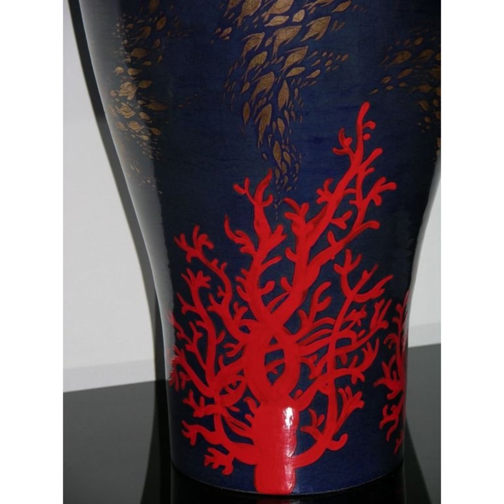 Modern Italian Monumental Gold Red Blue Vase by Ceramica Gatti with Sea Deco - Cosulich Interiors & Antiques