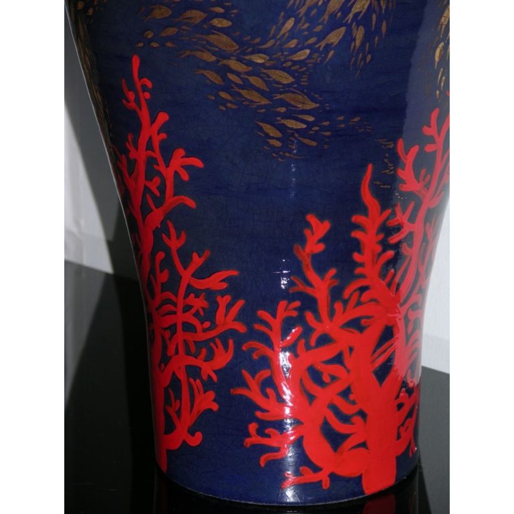 Modern Italian Monumental Gold Red Blue Vase by Ceramica Gatti with Sea Deco - Cosulich Interiors & Antiques