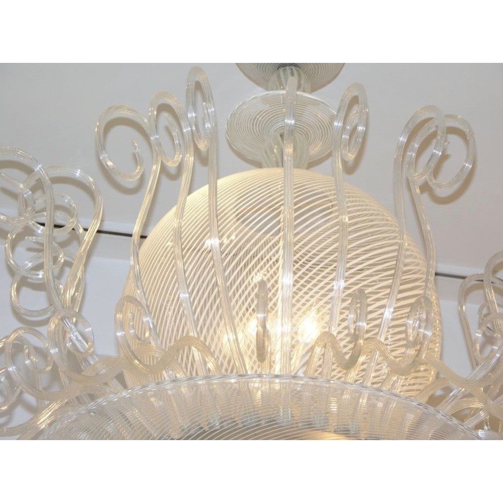 Seguso 1950 Italian Vintage White & Crystal Clear Murano Glass Chandelier