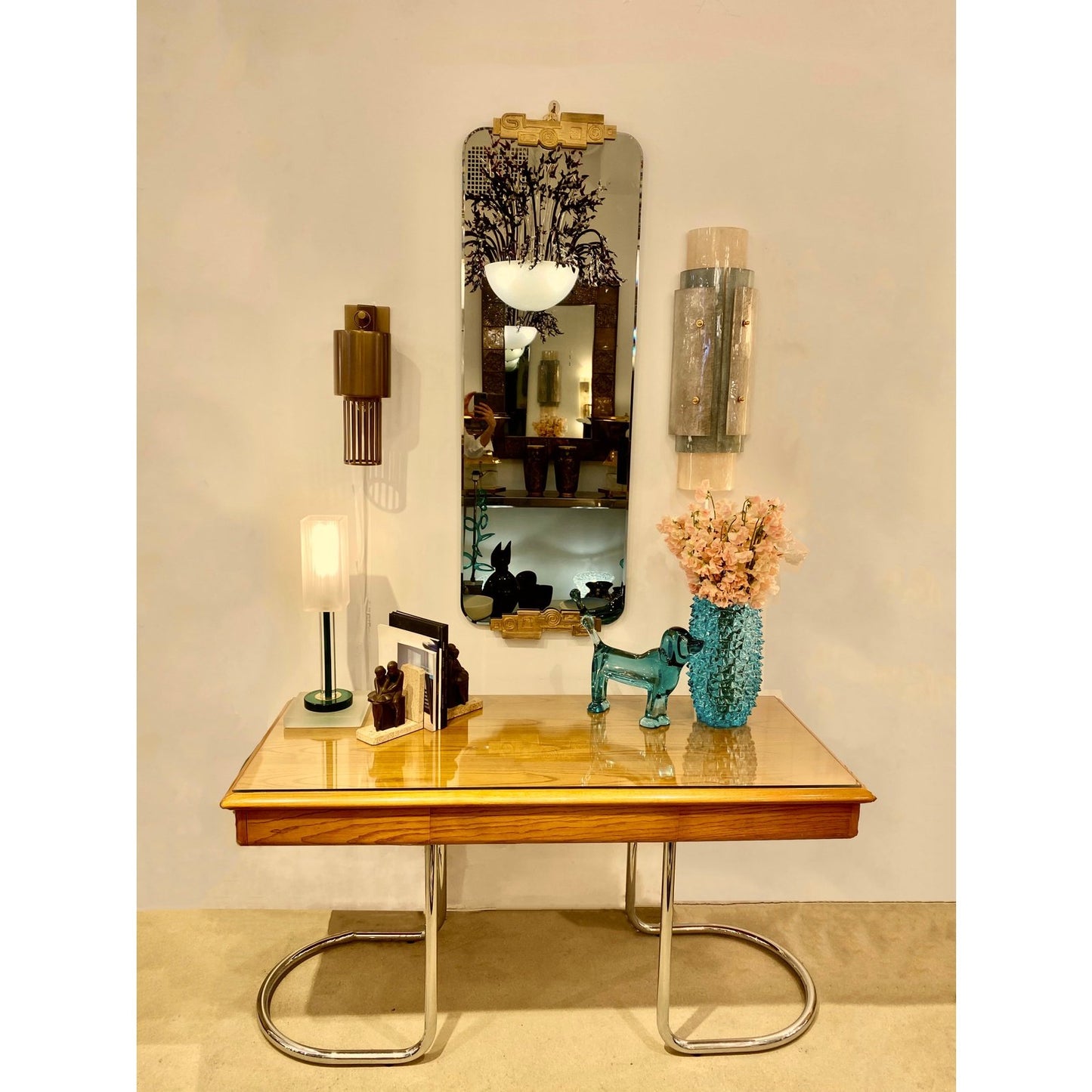 1970s Italian Vintage Curved Nickel Legs 3-Drawer Ash Tree Center Desk/Console
