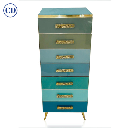 Bespoke Italian Art Deco Design Blue Taupe Gray Glass 7-Drawer Dresser Semainier