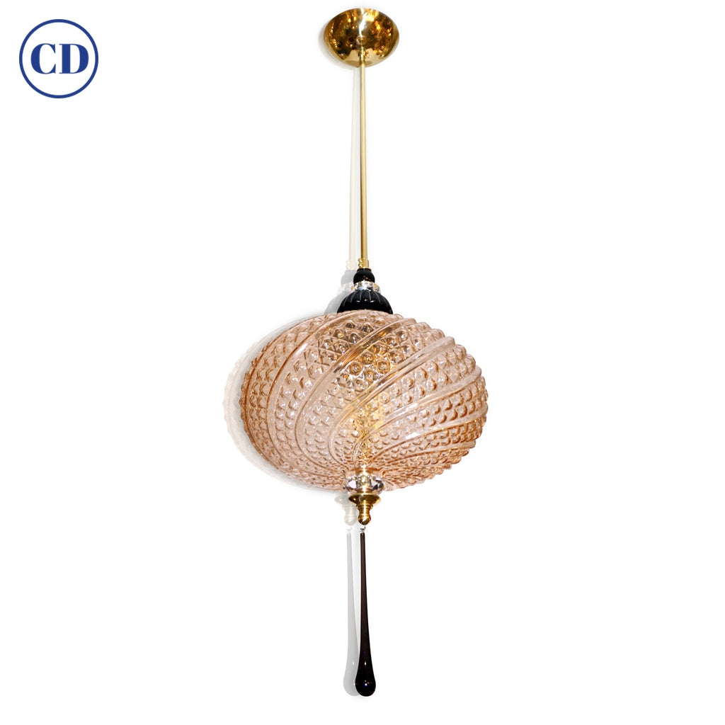 Bespoke Italian Horizontal Oval Black and Pink Murano Glass Brass Pendant Light