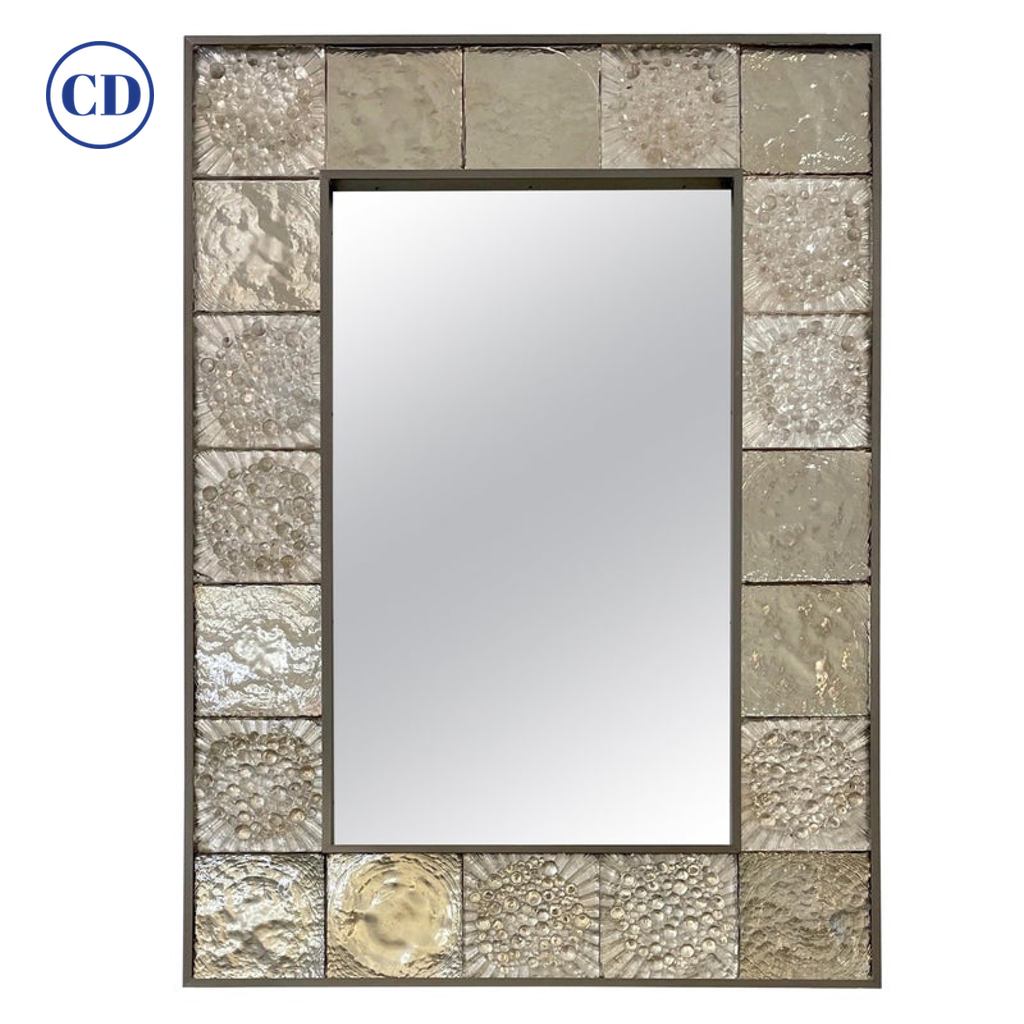 Customizable Italian Smoked Silver Murano Glass Geometric Gun Metal Tile Mirror