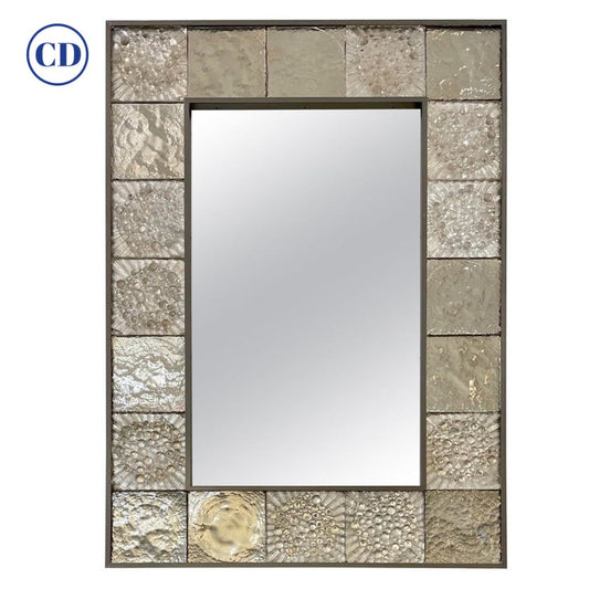 Customizable Italian Smoked Silver Murano Glass Geometric Gun Metal Tile Mirror