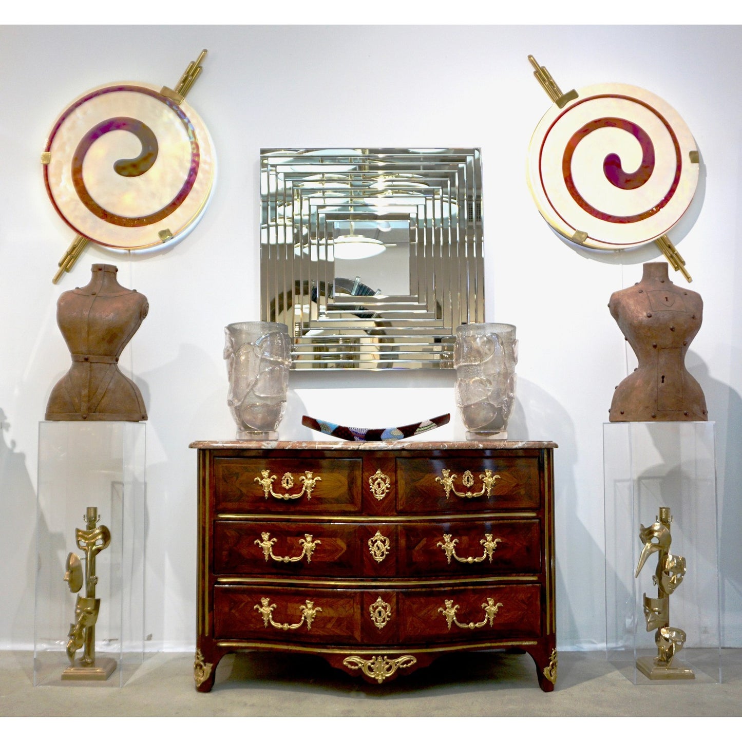 Art Deco Style Monumental Pair of Dark Red Ivory White Murano Glass Wall/Ceiling Lights