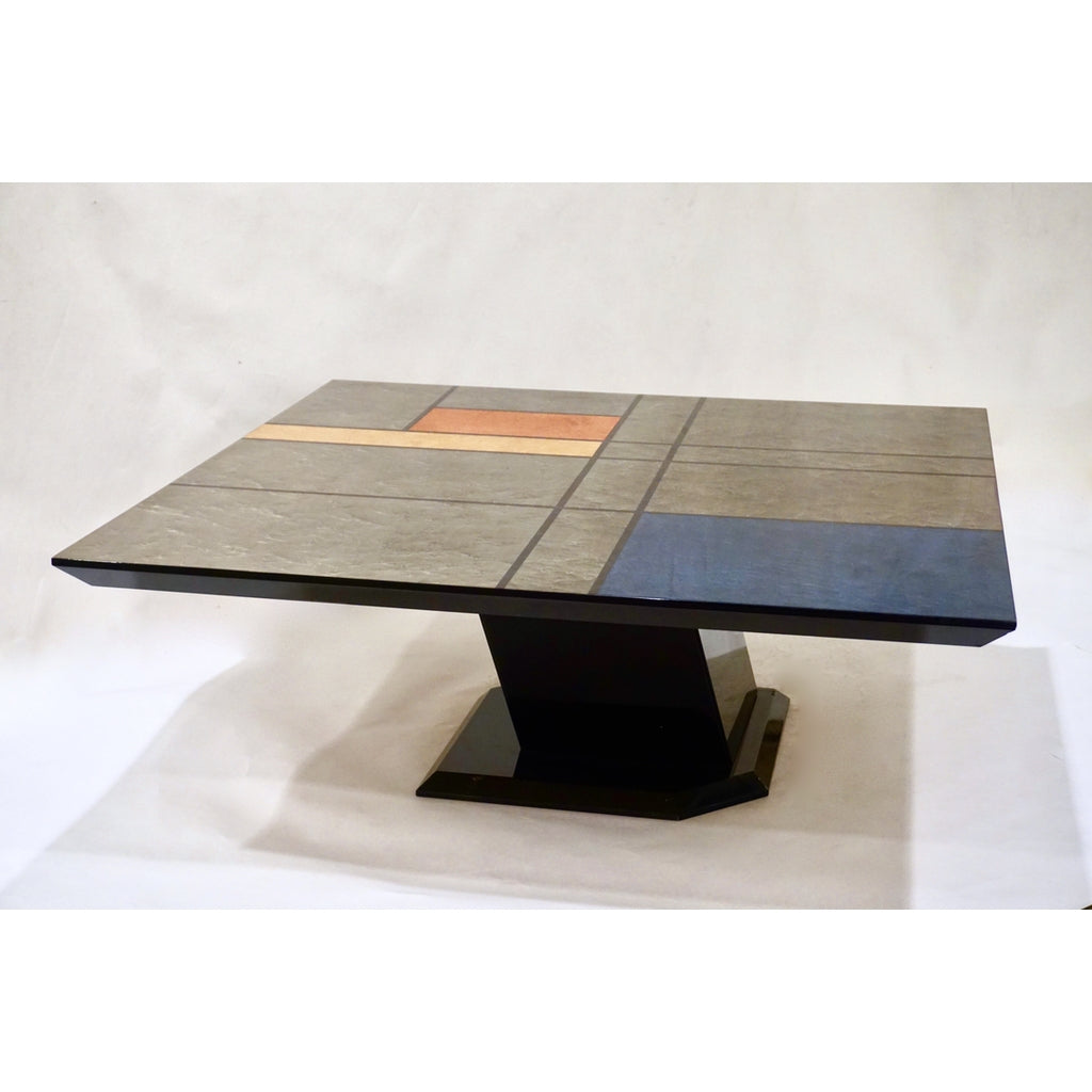 1976 Cattaneo Italian Black Lacquered Silver Grey Mondrian Decor Coffee Table