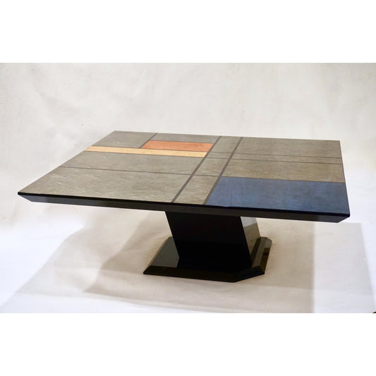 1976 Cattaneo Italian Black Lacquered Silver Grey Mondrian Decor Coffee Table