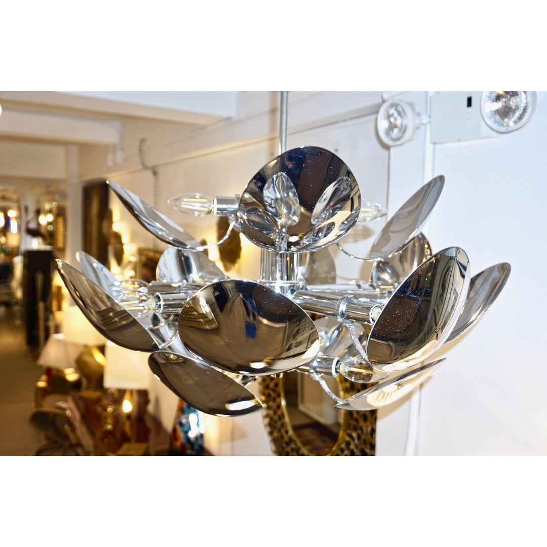 1970 Italian Vintage Oval Leaf Nickel Chandelier Attributed to Goffredo Reggiani