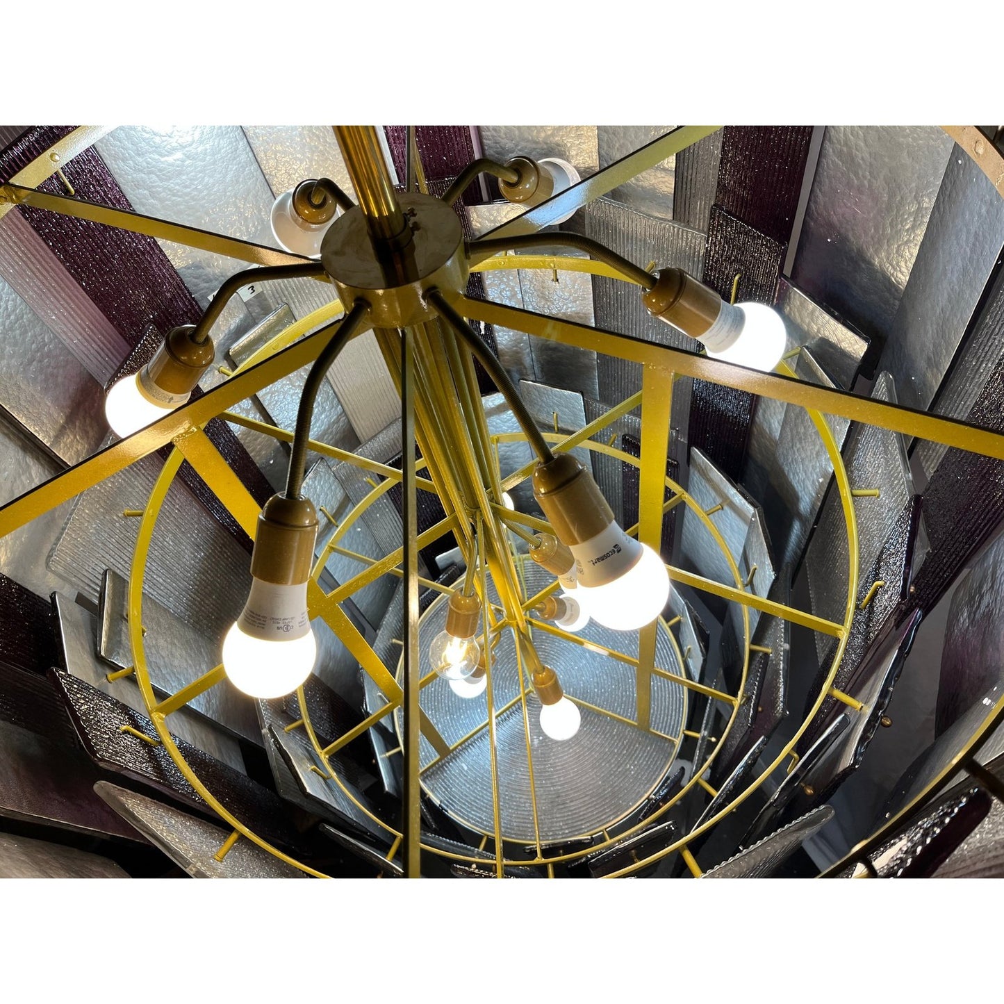 Italian Monumental Purple Gold Silver Smoked Murano Glass Brass Chandelier