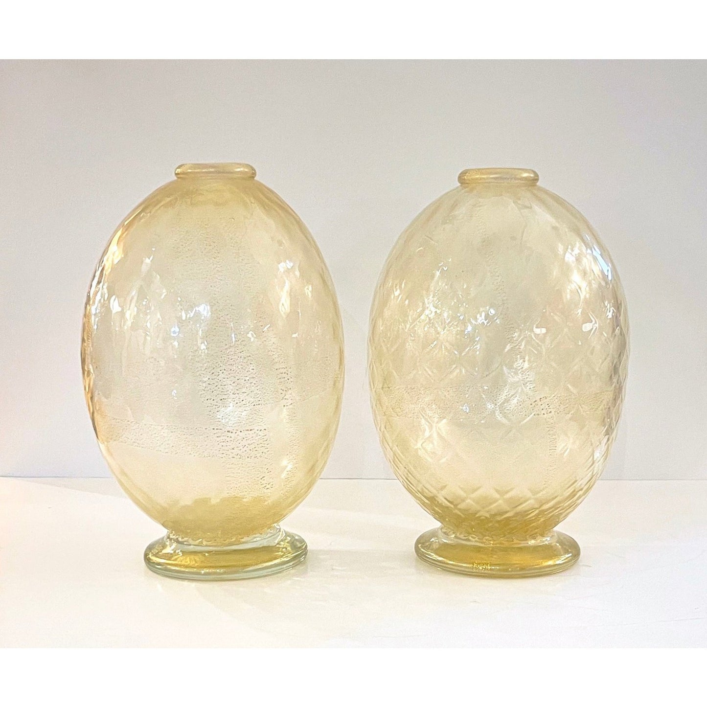 Modern Italian Pair of Gold Honeycomb Murano Glass Organic Round Vases