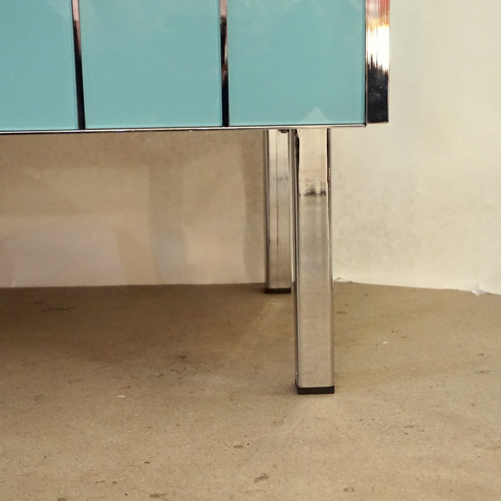 Contemporary Italian Art Deco Style Aqua Turquoise Glass Nickel Modern Cabinet
