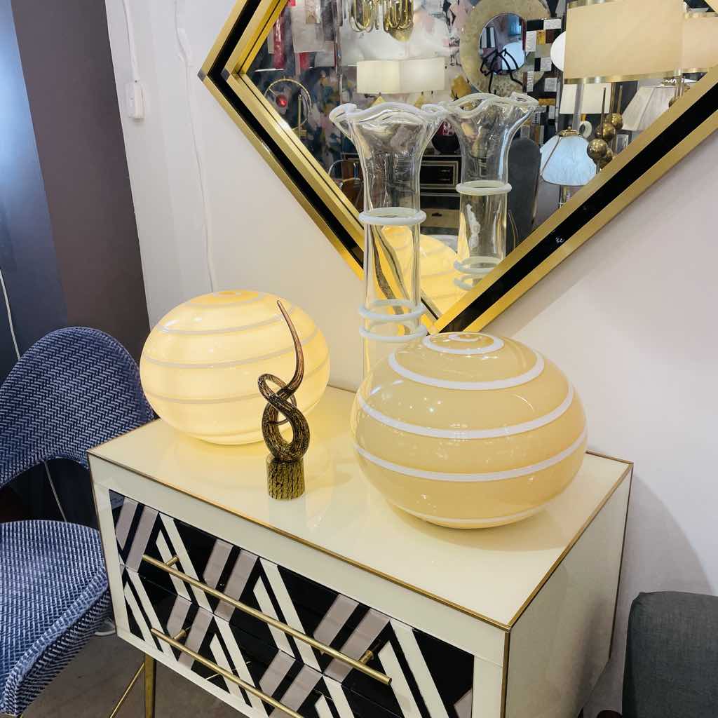 1990s Italian Mid-Century Modern Pair of Brown & Cream Globe Sphere Glass Lamps