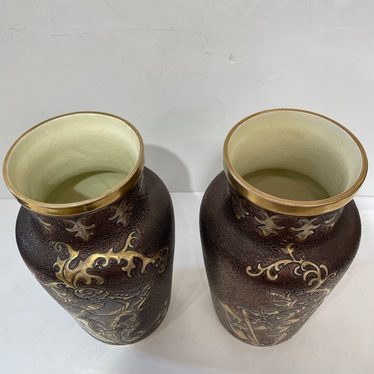 1880 Gien French Faience Pair Majolica Gold & Brown Vases with Armored Knights