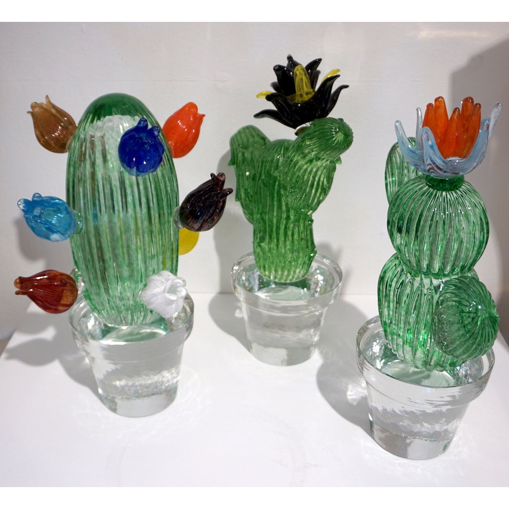 1990s Marta Marzotto Vintage Murano Glass Green Cactus Plant & Blue Coral Flower