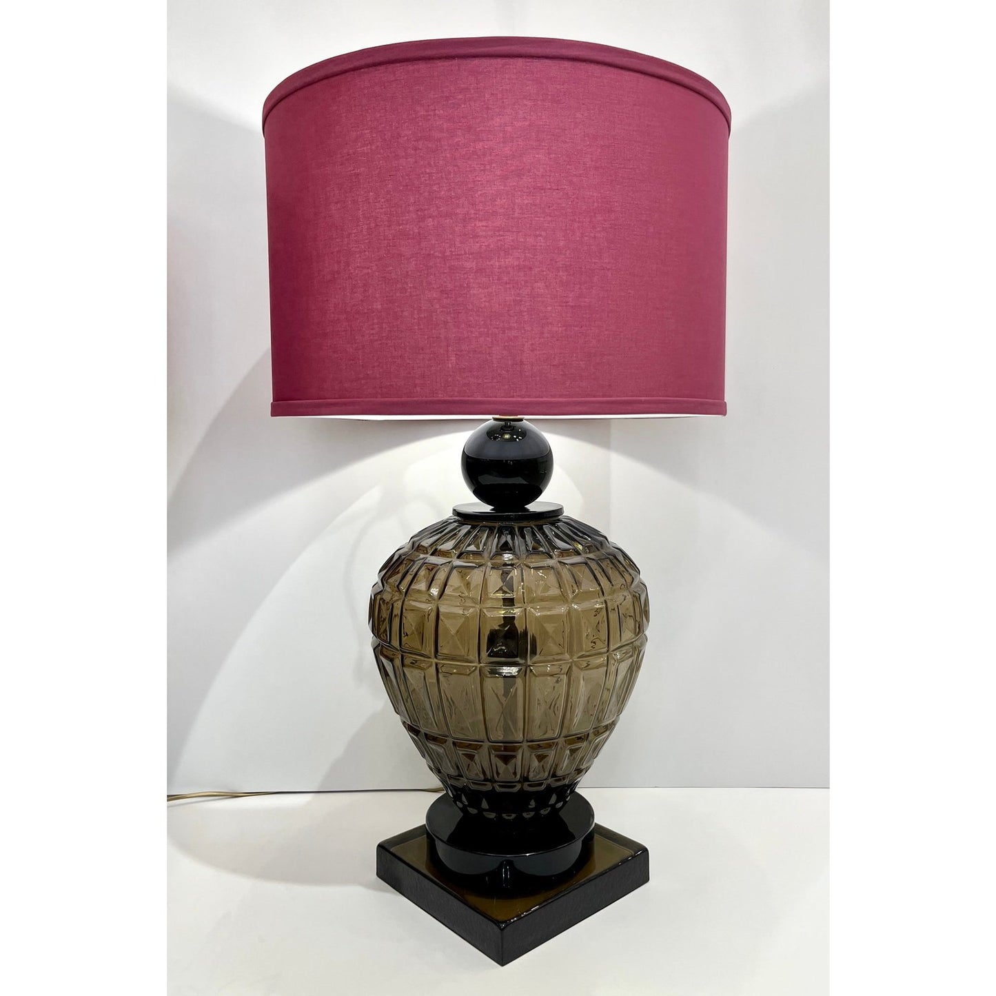 Vivarini 1970 Italian Vintage Pair of Black Smoked Murano Glass Plum Linen Lamps