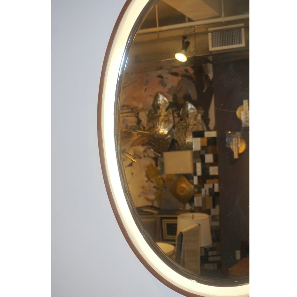 1970s Italian Vintage White Framed Cherry Wood Back Lit Oval Wall Mirror