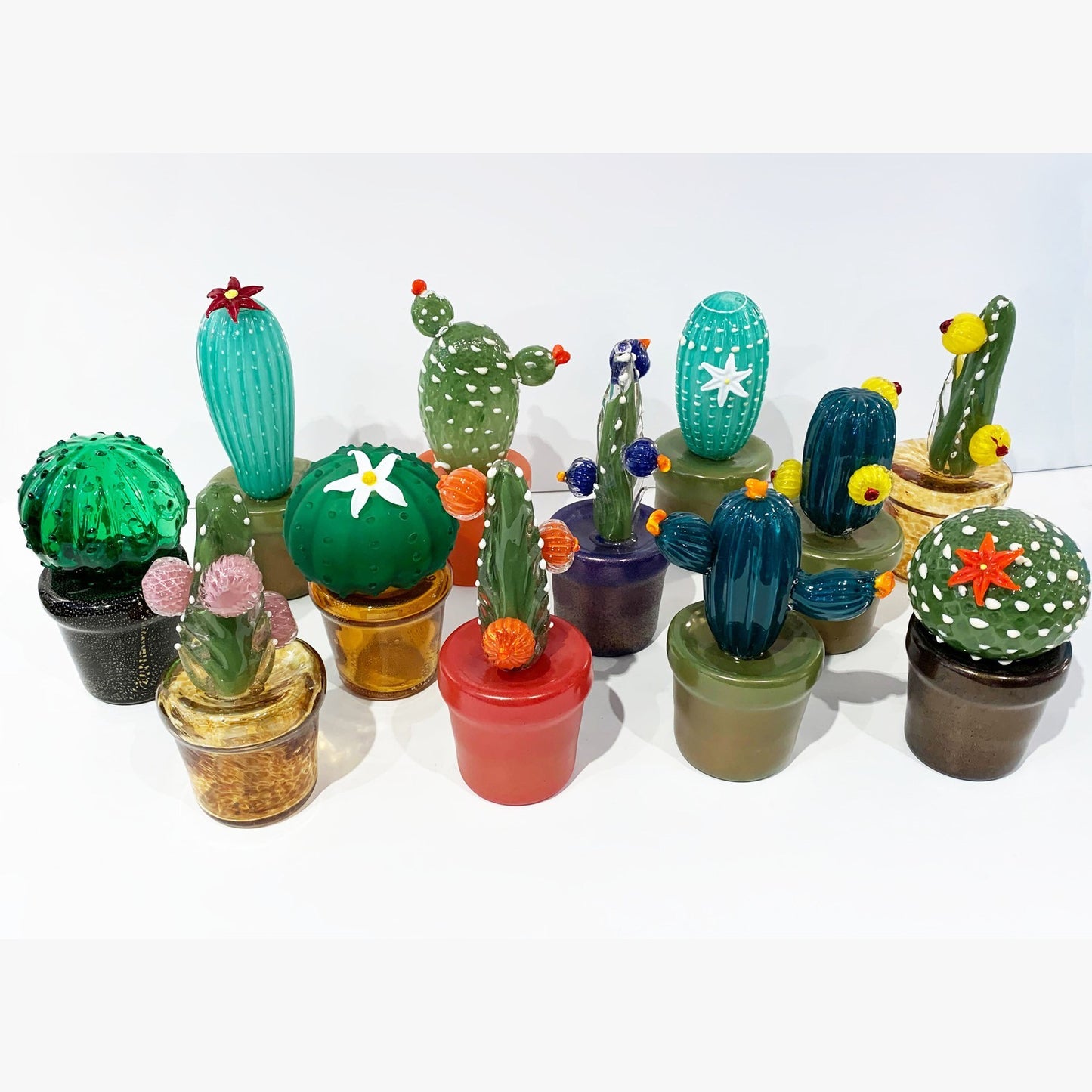 2000s Italian Moss Green Gold Murano Art Glass Cactus Plant with Orange Flowers