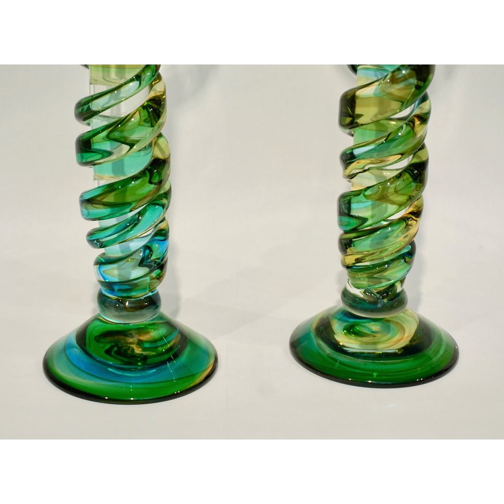 Cenedese 1970s Vintage Italian Yellow Green Aqua Blue Murano Glass Candlesticks - Cosulich Interiors & Antiques