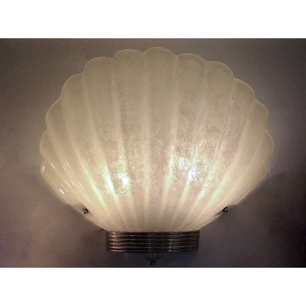 1970s Art Deco Style Pair of Vintage Shell Sconces in Gold & White Murano Glass - Cosulich Interiors & Antiques