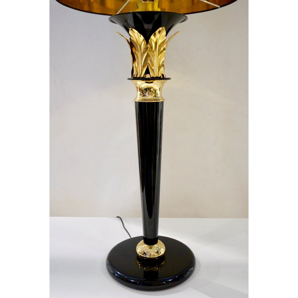 1970 Italian Hollywood Regency Pair of Black Lacquered and Gold Leaf-Motif Lamps - Cosulich Interiors & Antiques