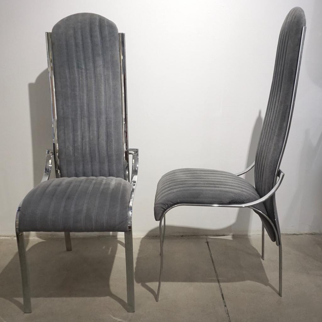 1970 Italian Vintage 4 Curved High Back Chrome Chairs in Blue Gray Stitch Fabric - Cosulich Interiors & Antiques