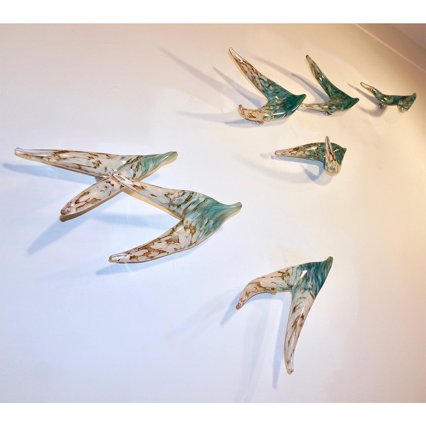 Flight of Aquamarine Birds Contemporary Blown Glass Modern Art Wall Sculpture