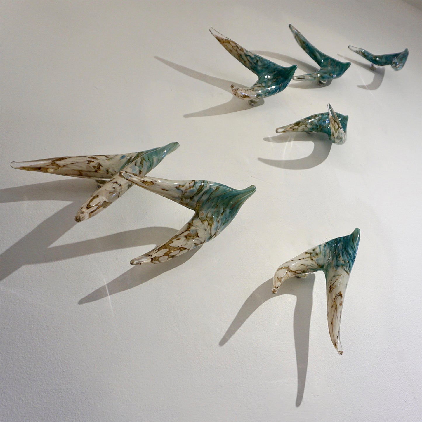 Flight of Aquamarine Birds Contemporary Blown Glass Modern Art Wall Sculpture