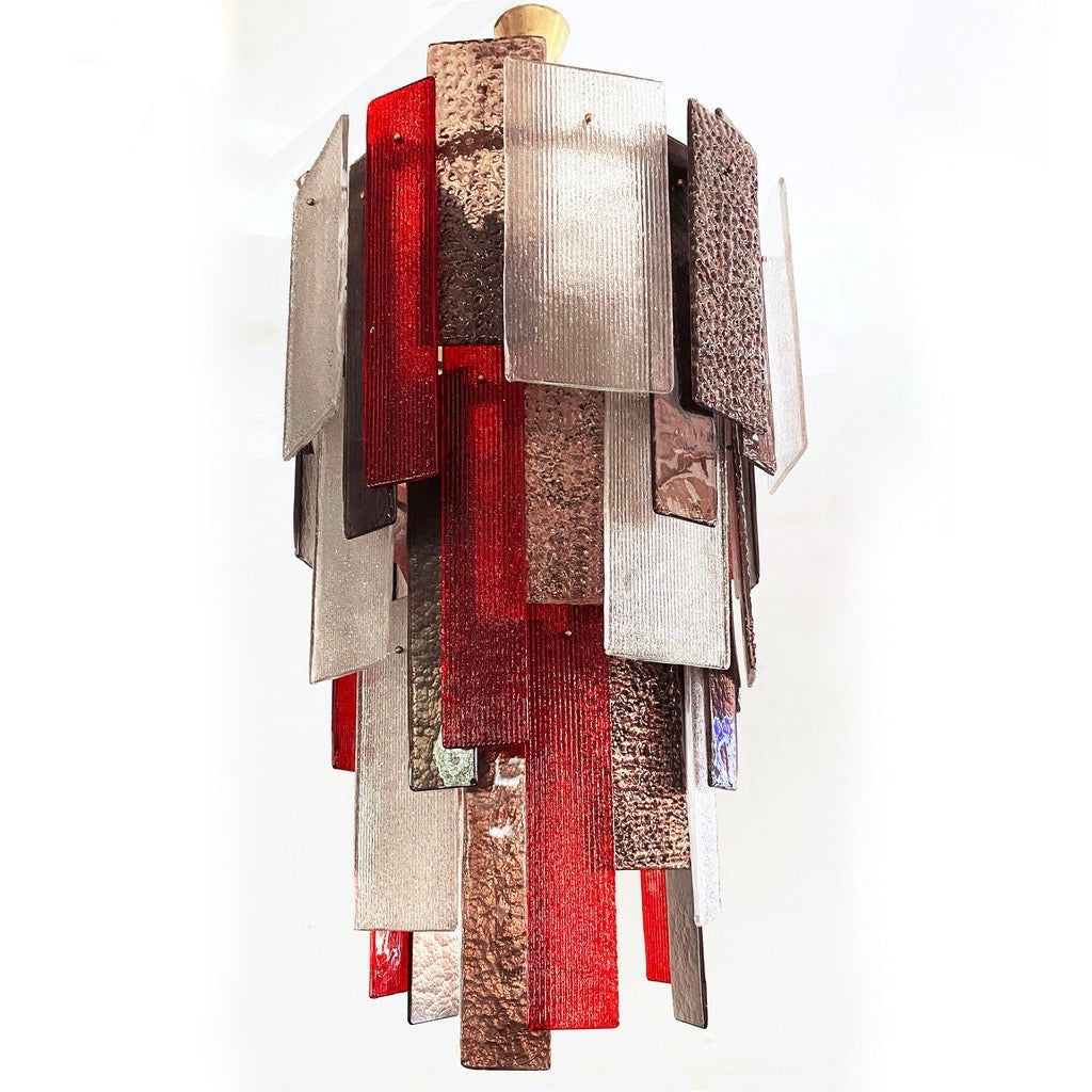 Italian Red Silver Smoked Bronze Crystal Murano Glass Sculpture Chandelier/Flush