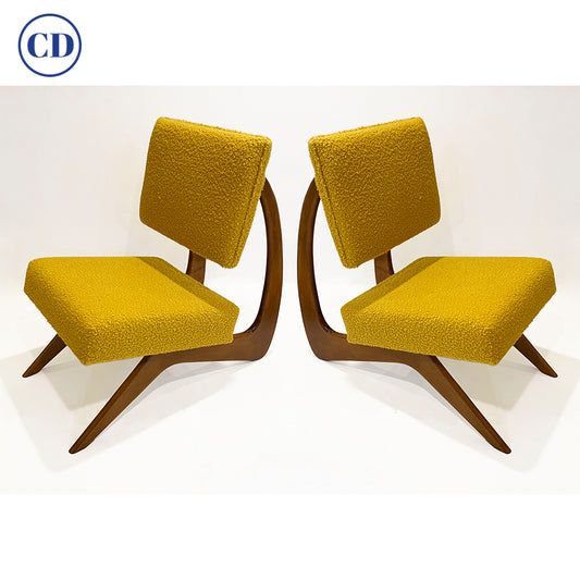 Bespoke Italian Pair of Boucle Mustard Yellow Aero Curved Beech Lounge Chairs