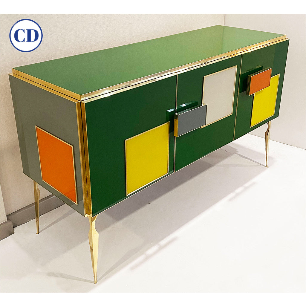 Bespoke Italian Green Orange Yellow Gray Geometric Postmodern Cabinet/Sideboard