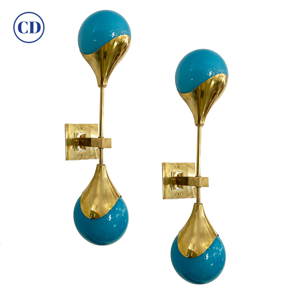 Contemporary Italian Pair of Two Globe Turquoise Murano Glass Brass Sconces