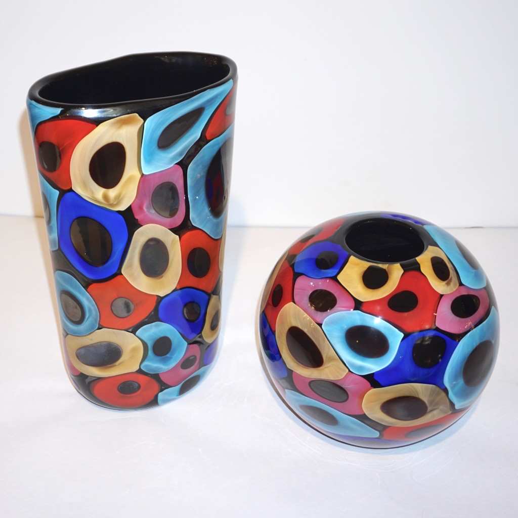 Camozzo 1990 Modern Black Azure Blue Red Pink Yellow Murano Glass Vase